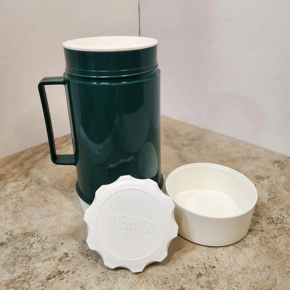 Vintage Thermos Green & White 10 oz Traveling Food Soup Drink Jar with Lids